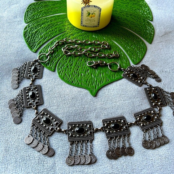 Vintage Silver Heavy Metal Moon coin belt with black stones!